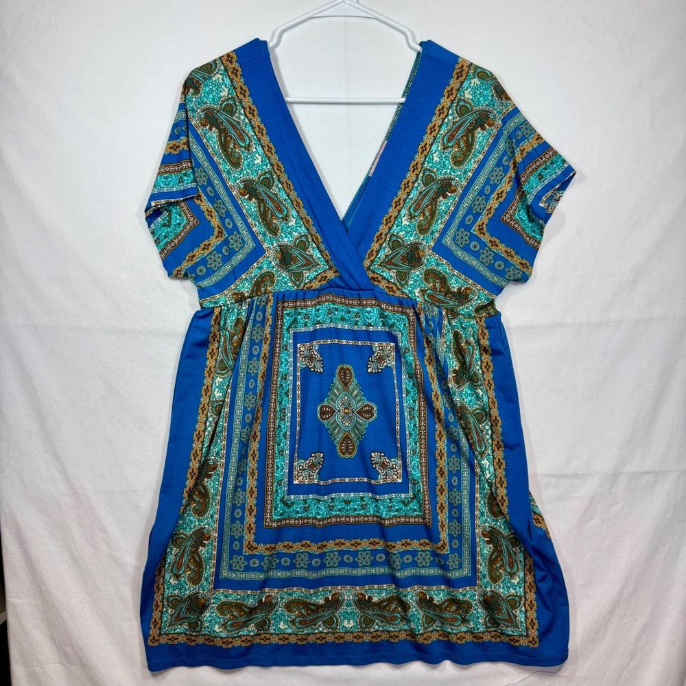 Epilogue‎ Paisley Print Mini Dress V-Neck Short Sleeve Blue Boho Sz Large No Tag
